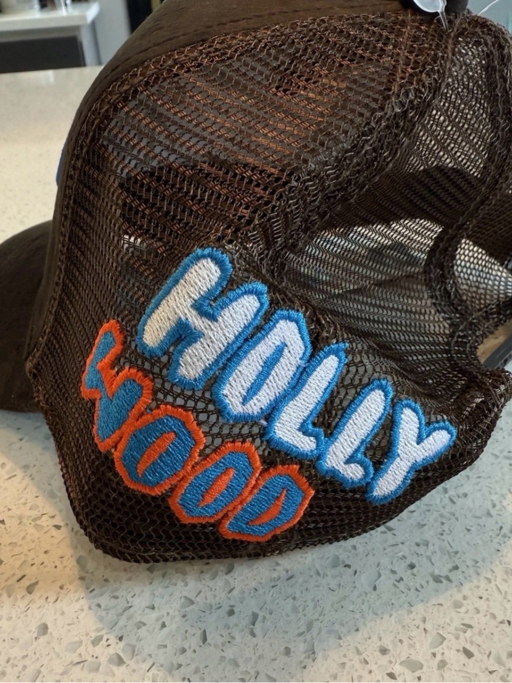 Von Dutch Hollywood Brown Velvet Trucker Hat with Red And Blue Logo